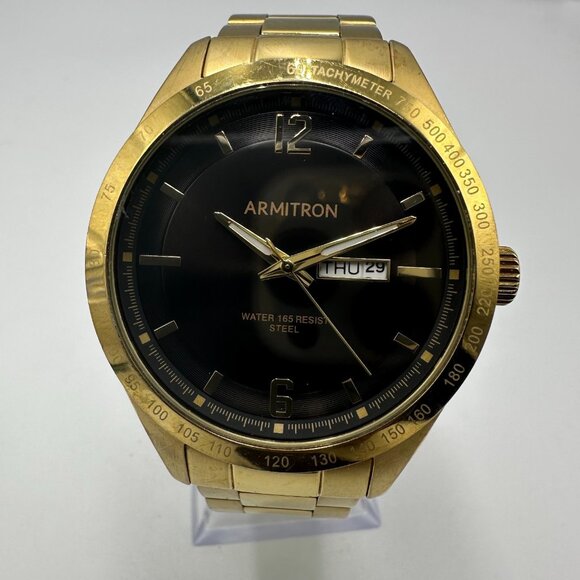 Armitron Watch Men Gold Tone Black Dial Day Date 43MM Dial New Battery 8.25" - Picture 1 of 10